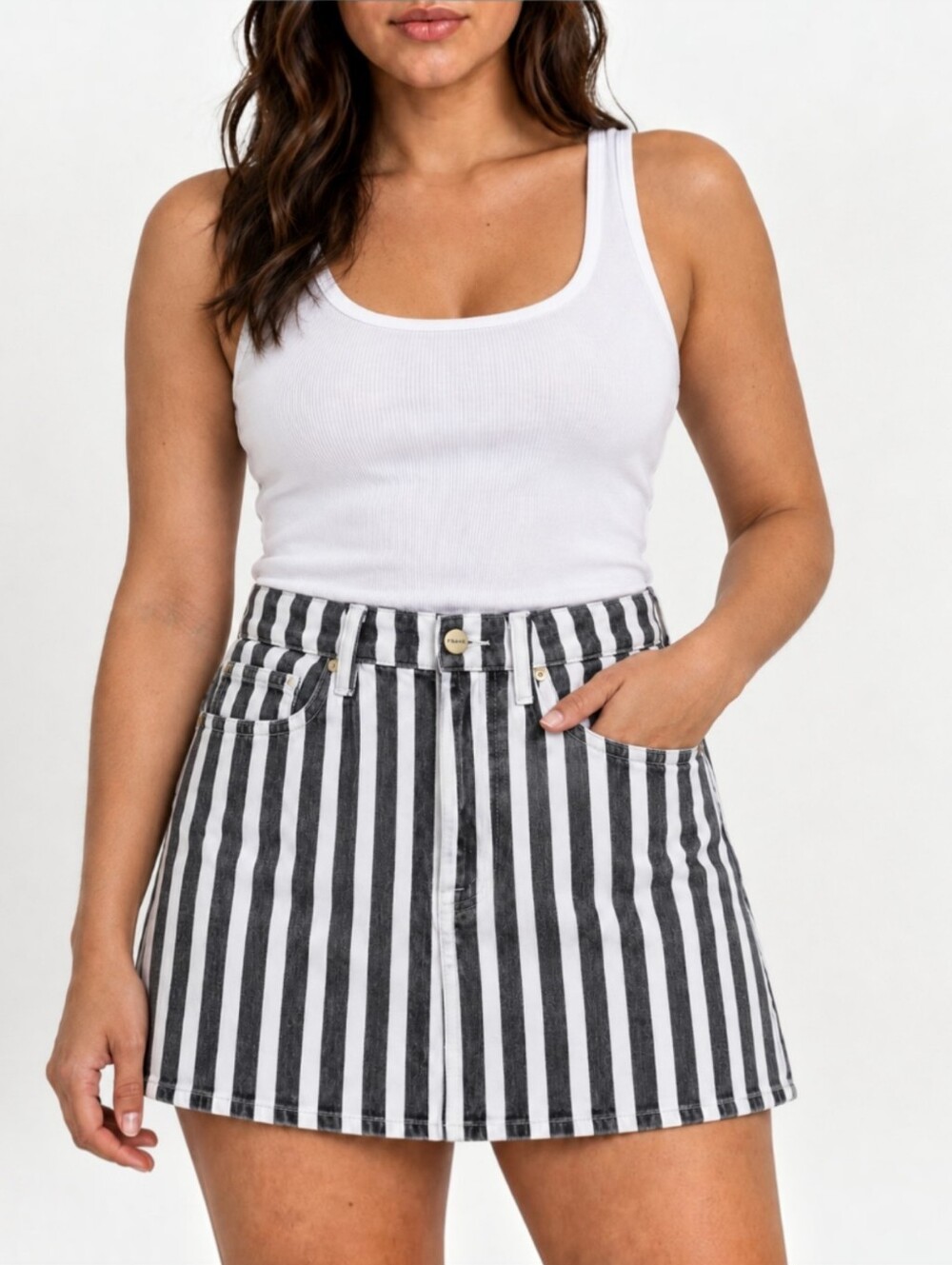 FRAME Le Mini Beatnik 60s Striped Denim A-Line Skirt Black White High Rise 30